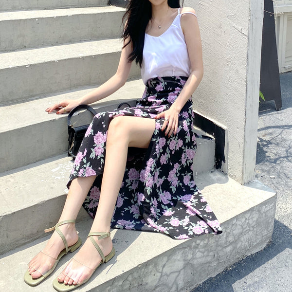 Summer Holiday Sunscreen Beach Charming Women Chiffon Pink Rose Printed Lace Up One Piece Wrap Side Slit Skirt