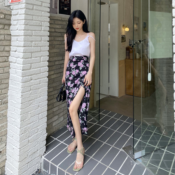 Summer Holiday Sunscreen Beach Charming Women Chiffon Pink Rose Printed Lace Up One Piece Wrap Side Slit Skirt