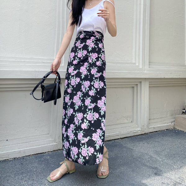 Summer Holiday Sunscreen Beach Charming Women Chiffon Pink Rose Printed Lace Up One Piece Wrap Side Slit Skirt