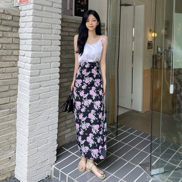 Summer Holiday Sunscreen Beach Charming Women Chiffon Pink Rose Printed Lace Up One Piece Wrap Side Slit Skirt