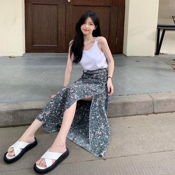 Summer Holiday Sunscreen Pretty Women Chiffon Green Daisy Printed Lace Up One Piece Wrap Side Slit Skirt