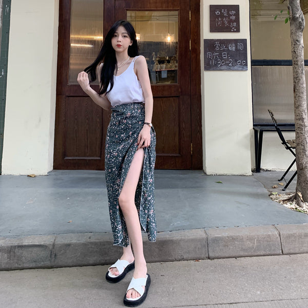 Summer Holiday Sunscreen Pretty Women Chiffon Green Daisy Printed Lace Up One Piece Wrap Side Slit Skirt