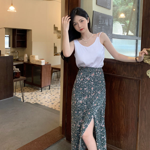 Summer Holiday Sunscreen Pretty Women Chiffon Green Daisy Printed Lace Up One Piece Wrap Side Slit Skirt