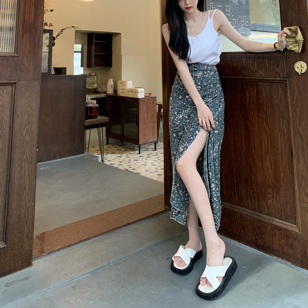 Summer Holiday Sunscreen Pretty Women Chiffon Green Daisy Printed Lace Up One Piece Wrap Side Slit Skirt