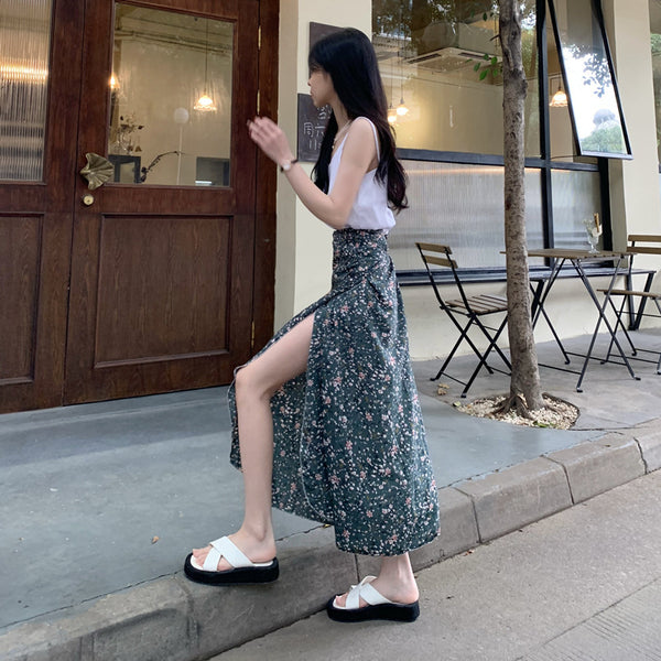 Summer Holiday Sunscreen Pretty Women Chiffon Green Daisy Printed Lace Up One Piece Wrap Side Slit Skirt