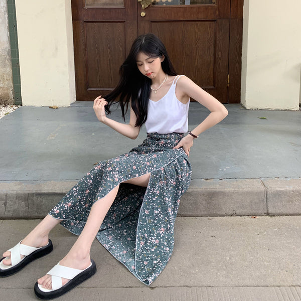 Summer Holiday Sunscreen Pretty Women Chiffon Green Daisy Printed Lace Up One Piece Wrap Side Slit Skirt