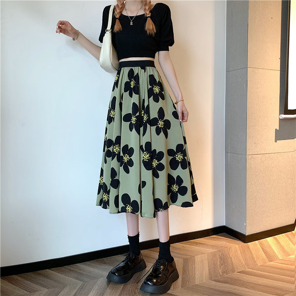 Summer Elegant Women Ladies Lovely Green Color High Waist Loose Floral Pattern Printed Pleated A Line Skirt
