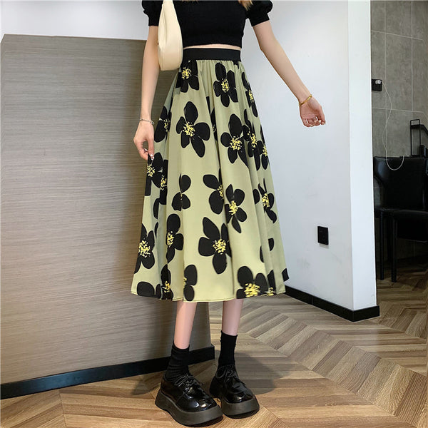 Summer Elegant Women Ladies Lovely Green Color High Waist Loose Floral Pattern Printed Pleated A Line Skirt