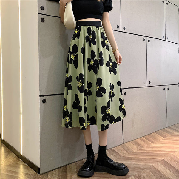 Summer Elegant Women Ladies Lovely Green Color High Waist Loose Floral Pattern Printed Pleated A Line Skirt