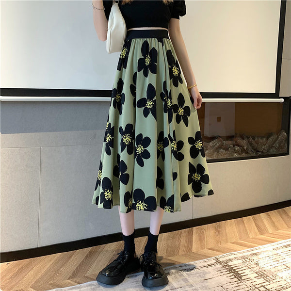 Summer Elegant Women Ladies Lovely Green Color High Waist Loose Floral Pattern Printed Pleated A Line Skirt