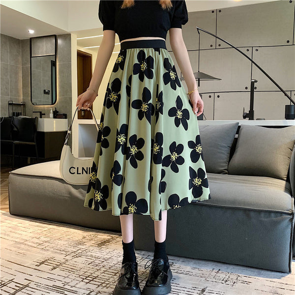 Summer Elegant Women Ladies Lovely Green Color High Waist Loose Floral Pattern Printed Pleated A Line Skirt