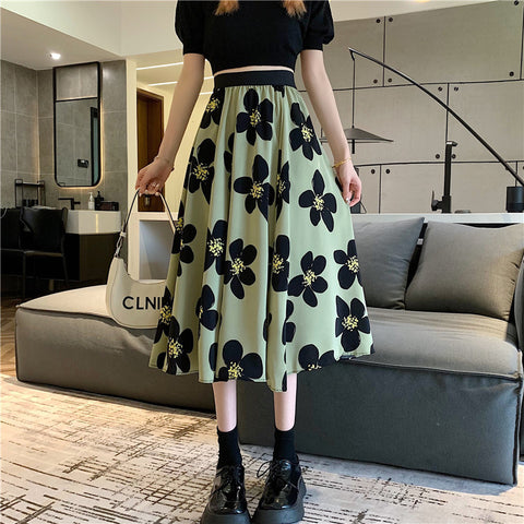 Summer Elegant Women Ladies Lovely Green Color High Waist Loose Floral Pattern Printed Pleated A Line Skirt