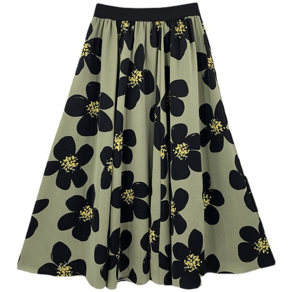 Summer Elegant Women Ladies Lovely Green Color High Waist Loose Floral Pattern Printed Pleated A Line Skirt