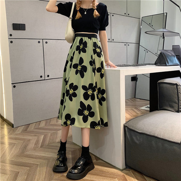 Summer Elegant Women Ladies Lovely Green Color High Waist Loose Floral Pattern Printed Pleated A Line Skirt