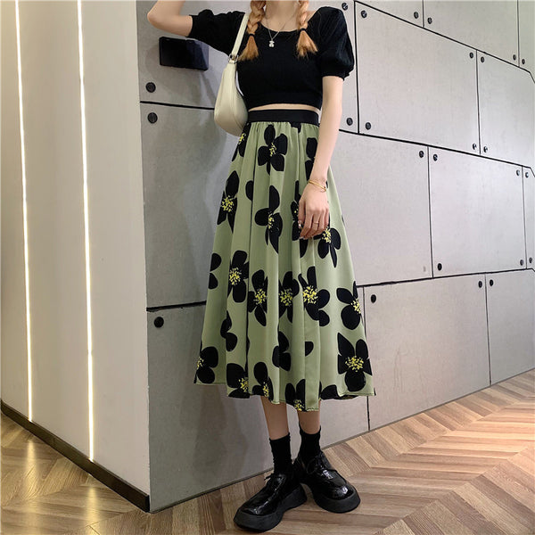 Summer Elegant Women Ladies Lovely Green Color High Waist Loose Floral Pattern Printed Pleated A Line Skirt