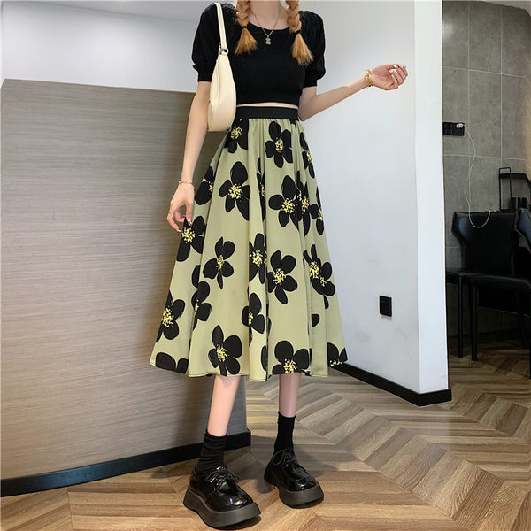 Summer Elegant Women Ladies Lovely Green Color High Waist Loose Floral Pattern Printed Pleated A Line Skirt