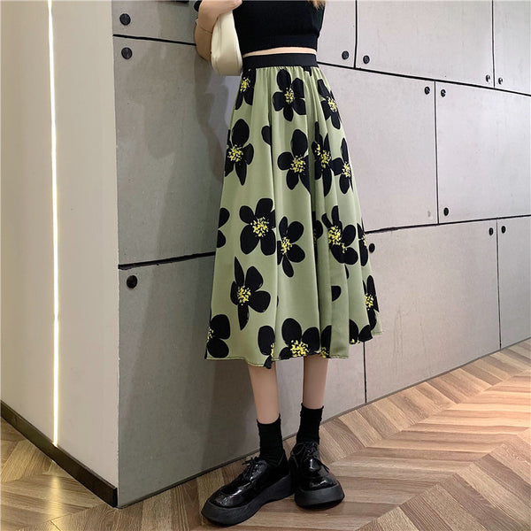 Summer Elegant Women Ladies Lovely Green Color High Waist Loose Floral Pattern Printed Pleated A Line Skirt