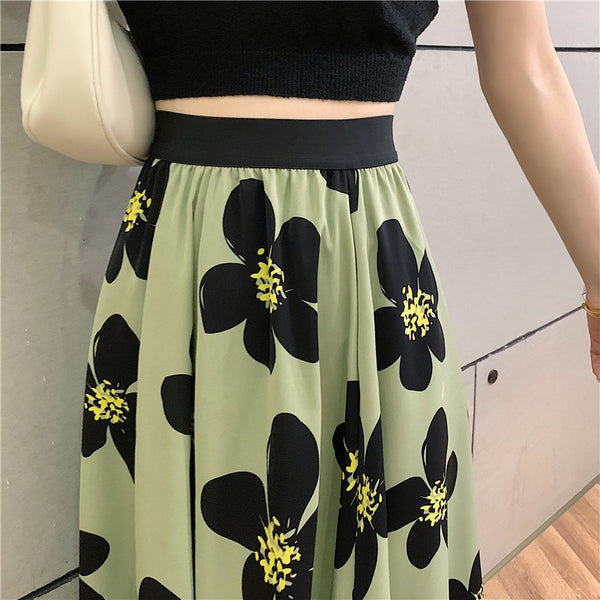 Summer Elegant Women Ladies Lovely Green Color High Waist Loose Floral Pattern Printed Pleated A Line Skirt