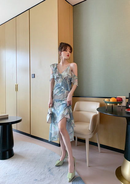 Comfortable Summer Fairy Sexy Women V Neck Chiffon Pleated Floral One Shoulder Clubbing Pencil Dress