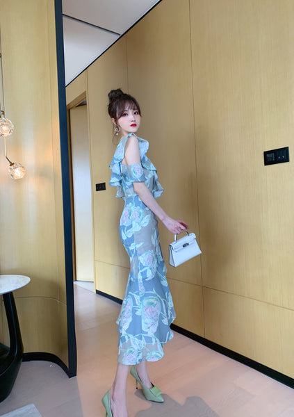 Comfortable Summer Fairy Sexy Women V Neck Chiffon Pleated Floral One Shoulder Clubbing Pencil Dress