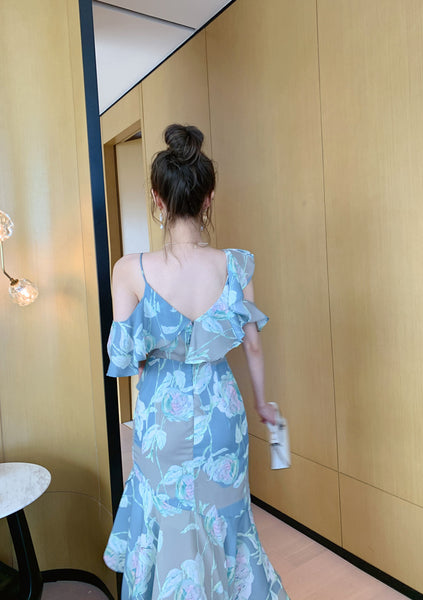 Comfortable Summer Fairy Sexy Women V Neck Chiffon Pleated Floral One Shoulder Clubbing Pencil Dress