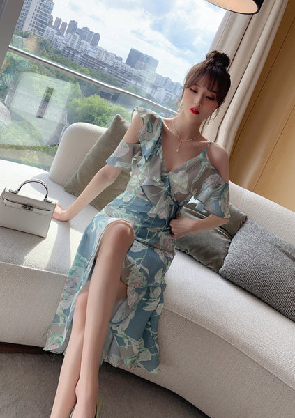 Comfortable Summer Fairy Sexy Women V Neck Chiffon Pleated Floral One Shoulder Clubbing Pencil Dress