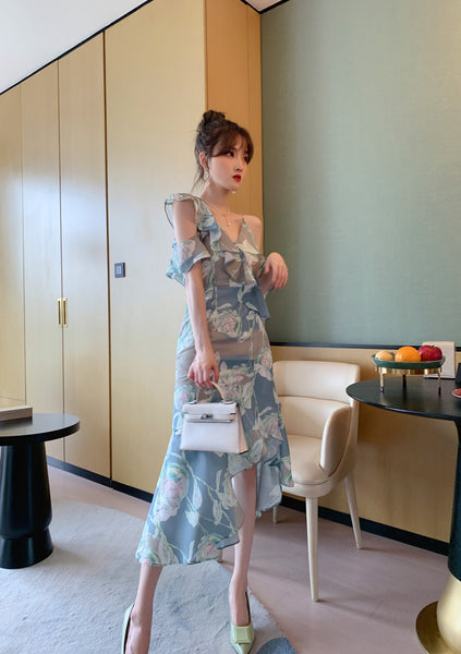 Comfortable Summer Fairy Sexy Women V Neck Chiffon Pleated Floral One Shoulder Clubbing Pencil Dress