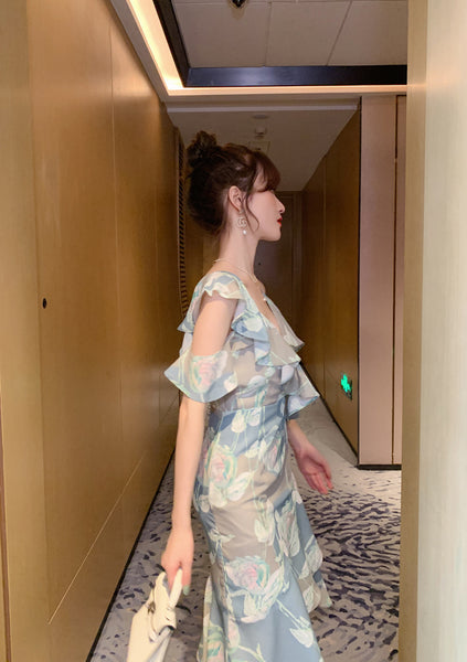 Comfortable Summer Fairy Sexy Women V Neck Chiffon Pleated Floral One Shoulder Clubbing Pencil Dress