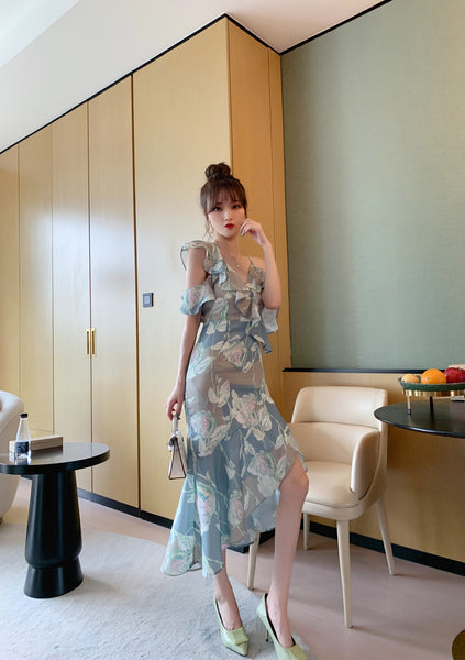 Comfortable Summer Fairy Sexy Women V Neck Chiffon Pleated Floral One Shoulder Clubbing Pencil Dress