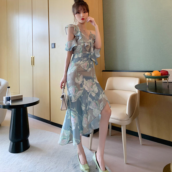 Comfortable Summer Fairy Sexy Women V Neck Chiffon Pleated Floral One Shoulder Clubbing Pencil Dress