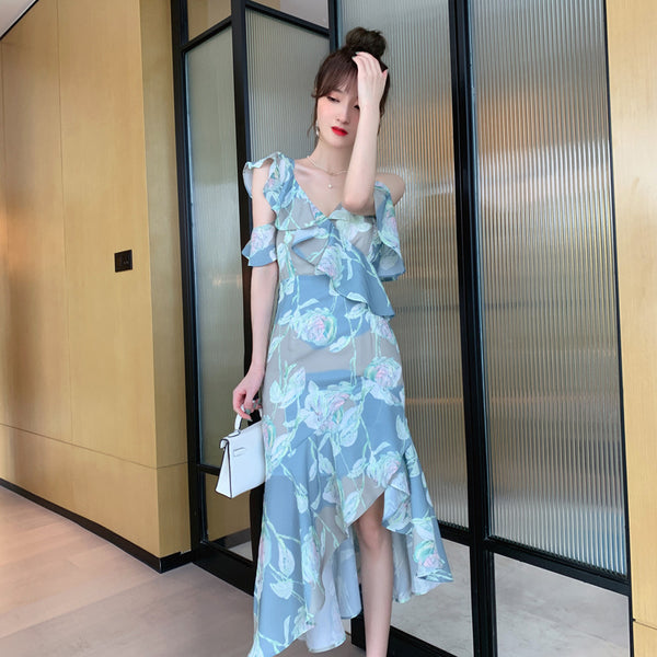 Comfortable Summer Fairy Sexy Women V Neck Chiffon Pleated Floral One Shoulder Clubbing Pencil Dress