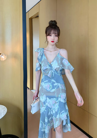 Comfortable Summer Fairy Sexy Women V Neck Chiffon Pleated Floral One Shoulder Clubbing Pencil Dress