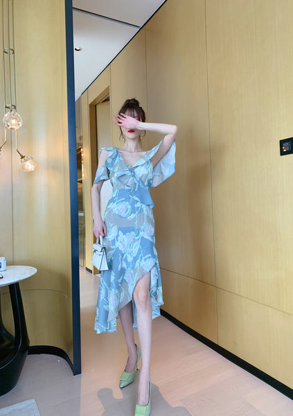 Comfortable Summer Fairy Sexy Women V Neck Chiffon Pleated Floral One Shoulder Clubbing Pencil Dress