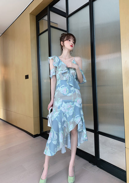 Comfortable Summer Fairy Sexy Women V Neck Chiffon Pleated Floral One Shoulder Clubbing Pencil Dress