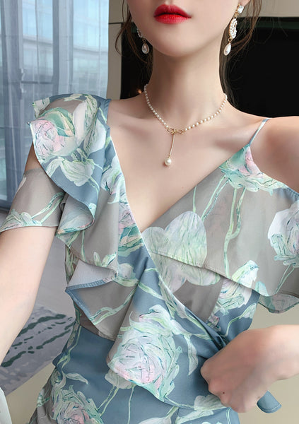 Comfortable Summer Fairy Sexy Women V Neck Chiffon Pleated Floral One Shoulder Clubbing Pencil Dress