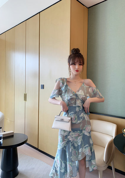 Comfortable Summer Fairy Sexy Women V Neck Chiffon Pleated Floral One Shoulder Clubbing Pencil Dress