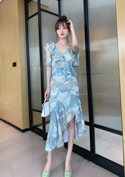 Comfortable Summer Fairy Sexy Women V Neck Chiffon Pleated Floral One Shoulder Clubbing Pencil Dress
