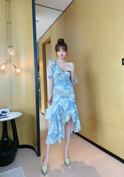 Comfortable Summer Fairy Sexy Women V Neck Chiffon Pleated Floral One Shoulder Clubbing Pencil Dress