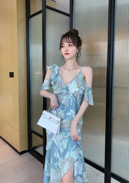 Comfortable Summer Fairy Sexy Women V Neck Chiffon Pleated Floral One Shoulder Clubbing Pencil Dress