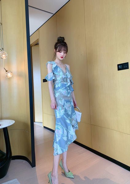 Comfortable Summer Fairy Sexy Women V Neck Chiffon Pleated Floral One Shoulder Clubbing Pencil Dress