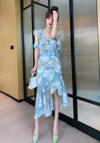 Comfortable Summer Fairy Sexy Women V Neck Chiffon Pleated Floral One Shoulder Clubbing Pencil Dress