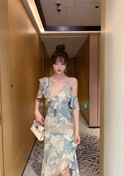 Comfortable Summer Fairy Sexy Women V Neck Chiffon Pleated Floral One Shoulder Clubbing Pencil Dress