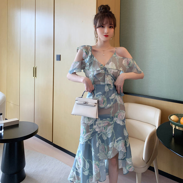 Comfortable Summer Fairy Sexy Women V Neck Chiffon Pleated Floral One Shoulder Clubbing Pencil Dress