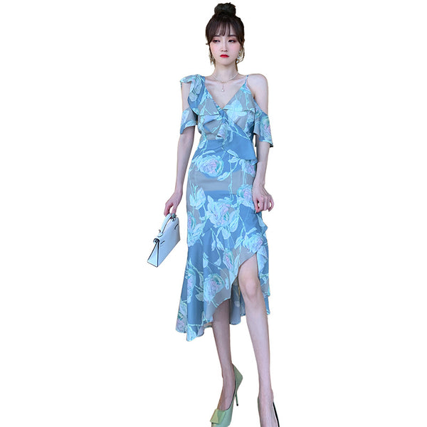 Comfortable Summer Fairy Sexy Women V Neck Chiffon Pleated Floral One Shoulder Clubbing Pencil Dress