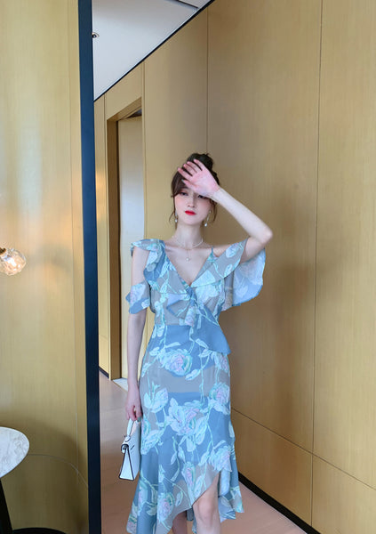 Comfortable Summer Fairy Sexy Women V Neck Chiffon Pleated Floral One Shoulder Clubbing Pencil Dress