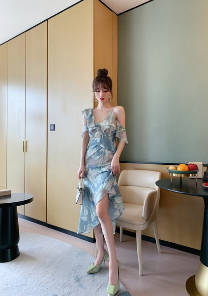 Comfortable Summer Fairy Sexy Women V Neck Chiffon Pleated Floral One Shoulder Clubbing Pencil Dress