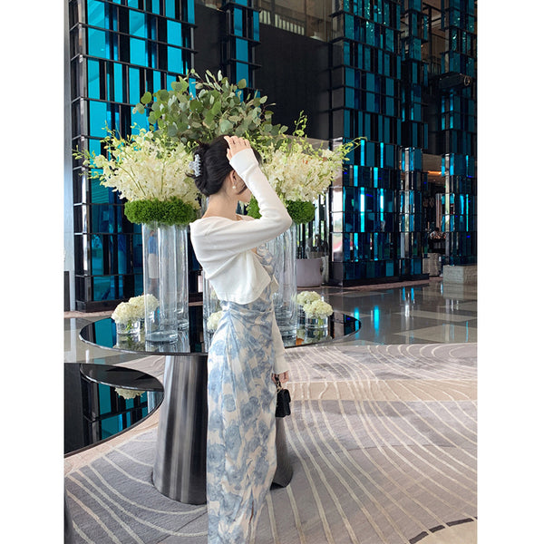 Retro Vintage Summer Sexy Women Spaghetti Strap High Waist Pleated Floral Paint Printed Pencil Dress