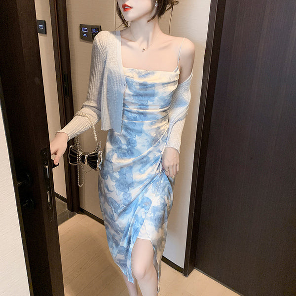 Retro Vintage Summer Sexy Women Spaghetti Strap High Waist Pleated Floral Paint Printed Pencil Dress