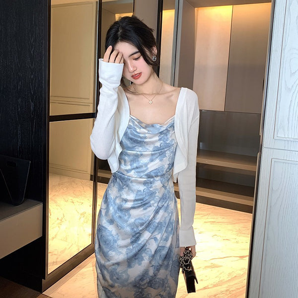 Retro Vintage Summer Sexy Women Spaghetti Strap High Waist Pleated Floral Paint Printed Pencil Dress