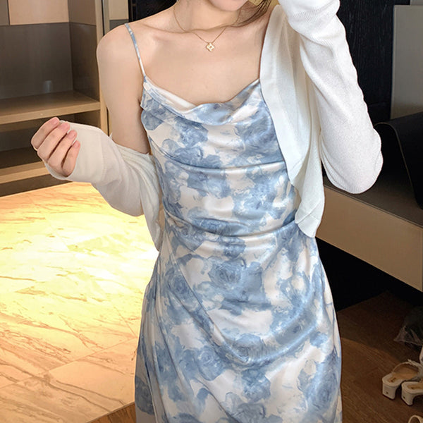 Retro Vintage Summer Sexy Women Spaghetti Strap High Waist Pleated Floral Paint Printed Pencil Dress